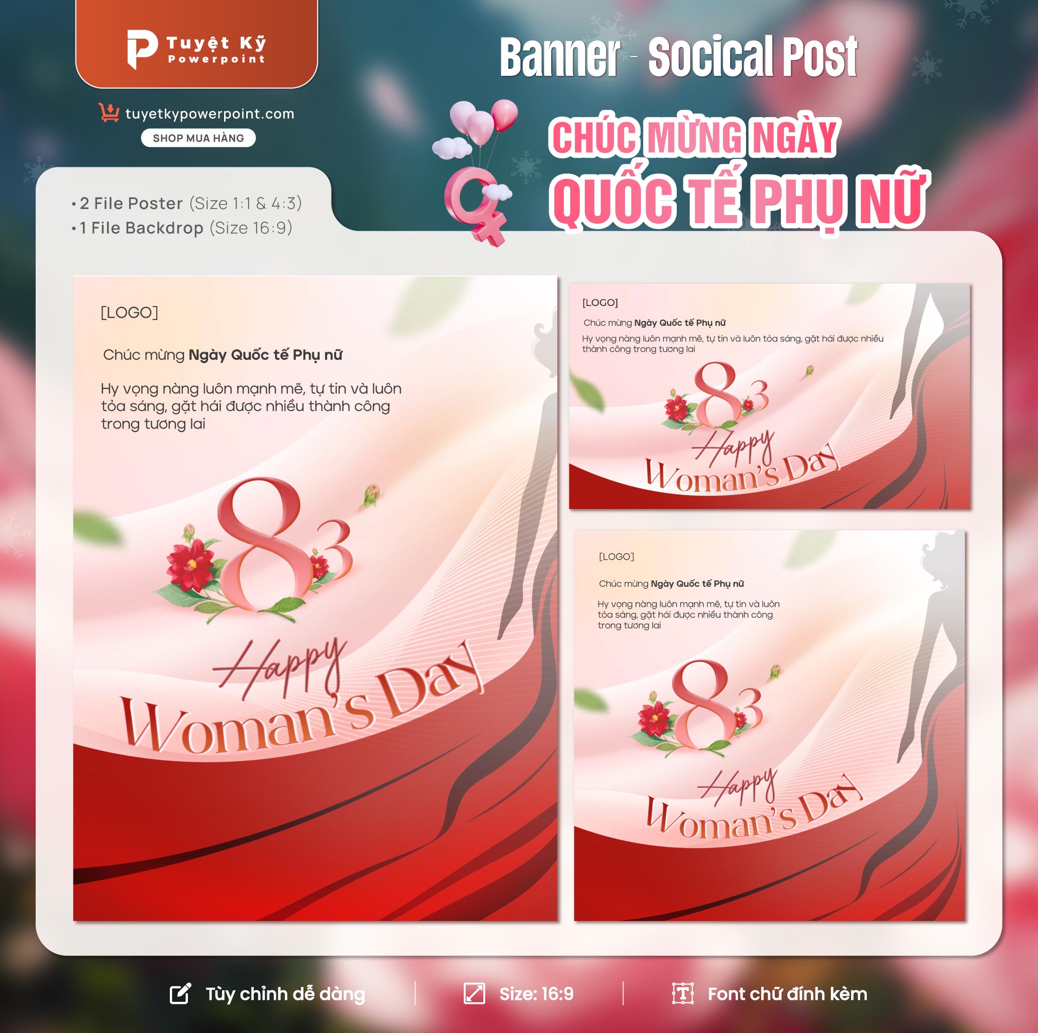 Bộ 3 Mẫu Banner & Social post Chúc Mừng Ngày Quốc Tế Phụ Nữ 8/3